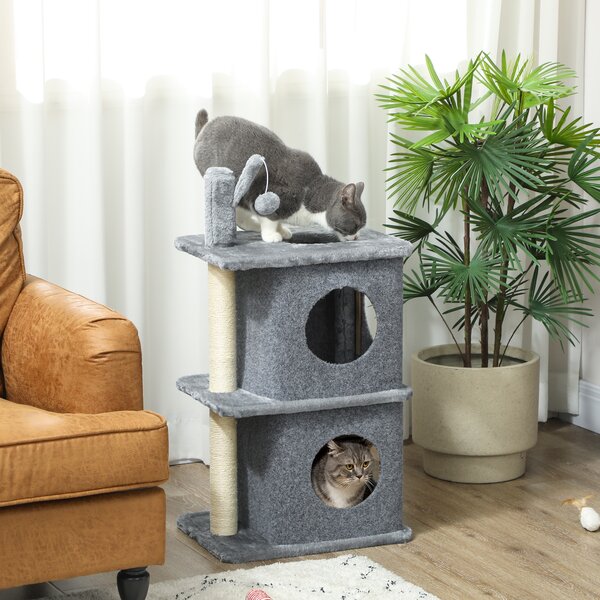 PawHut Albero Tiragraffi a 3 livelli con 2 nicchie 43 x 33 x 80 cm Grigio scuro | Aosom Italy