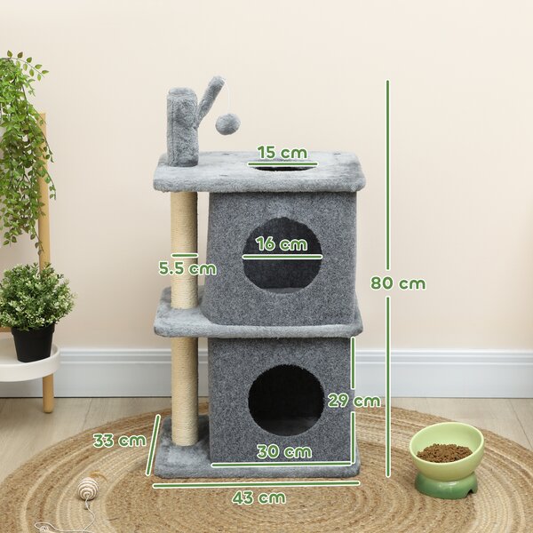 PawHut Albero Tiragraffi a 3 livelli con 2 nicchie 43 x 33 x 80 cm Grigio scuro | Aosom Italy