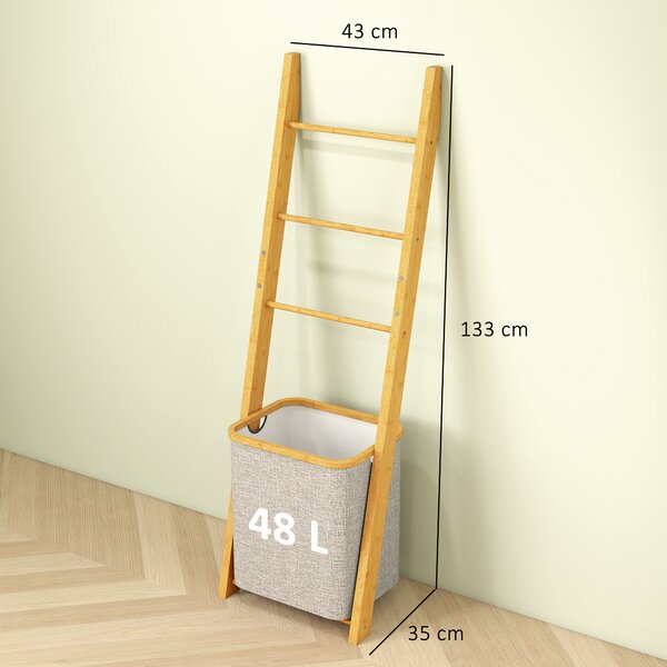 HOMCOM Mobile da Bagno in Bambù con Porta Asciugamani a 3 Barre e Cesto per Biancheria Sporca Rimovibile da 48 L, Crema | Aosom Italy