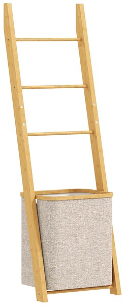 HOMCOM Mobile da Bagno in Bambù con Porta Asciugamani a 3 Barre e Cesto per Biancheria Sporca Rimovibile da 48 L, Crema | Aosom Italy
