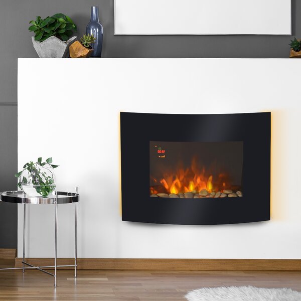 Camino Elettrico da Parete con 2 Livelli di Riscaldamento 900-1800W Fiamma 7 Colori e Telecomando Nero