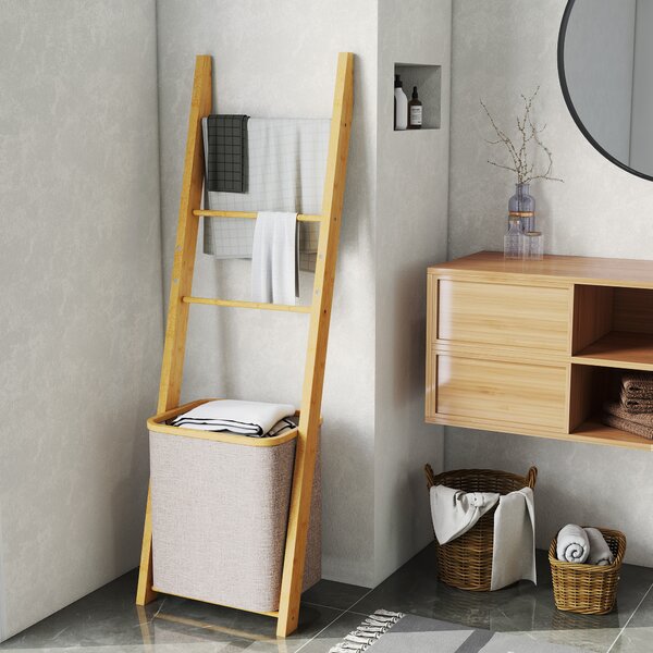 HOMCOM Mobile da Bagno in Bambù con Porta Asciugamani a 3 Barre e Cesto per Biancheria Sporca Rimovibile da 48 L, Crema | Aosom Italy
