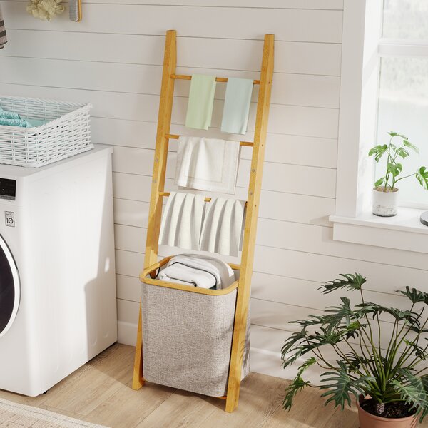 HOMCOM Mobile da Bagno in Bambù con Porta Asciugamani a 3 Barre e Cesto per Biancheria Sporca Rimovibile da 48 L, Crema | Aosom Italy