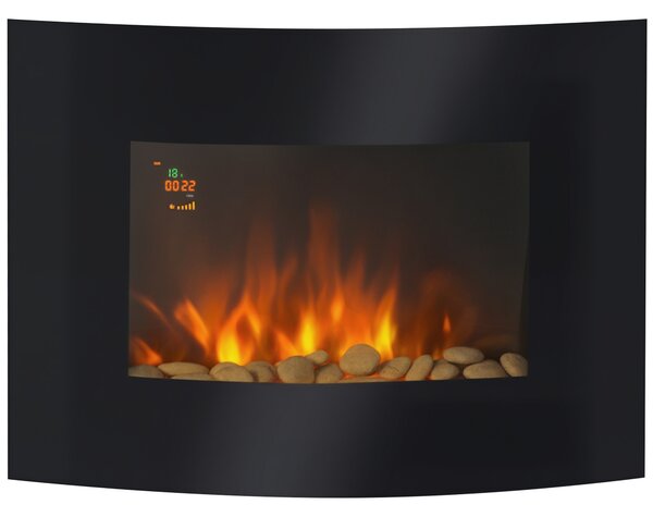 Camino Elettrico da Parete con 2 Livelli di Riscaldamento 900-1800W Fiamma 7 Colori e Telecomando Nero
