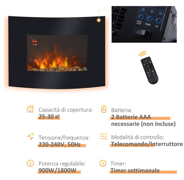 HOMCOM Camino Elettrico da Parete con 2 Livelli di Riscaldamento 900-1800W, Fiamma 7 Colori Regolabili e Telecomando, Nero | Aosom Italy