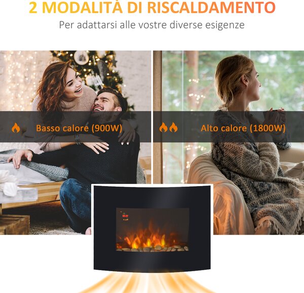 HOMCOM Camino Elettrico da Parete con 2 Livelli di Riscaldamento 900-1800W, Fiamma 7 Colori Regolabili e Telecomando, Nero | Aosom Italy