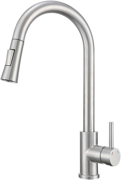 Rubinetto da cucina VBChome in acciaio inossidabile spazzolato con bocca estraibile, girevole a 360°, con pulsante per selezionare i tipi di getto – rubinetto moderno per lavello