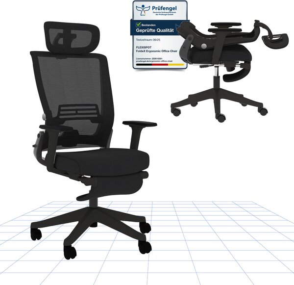 FLEXISPOT Foldex sedia ergonomica per ufficio pieghevole per piccoli spazi supporto lombare braccioli regolabili in altezza con poggiapiedi nero