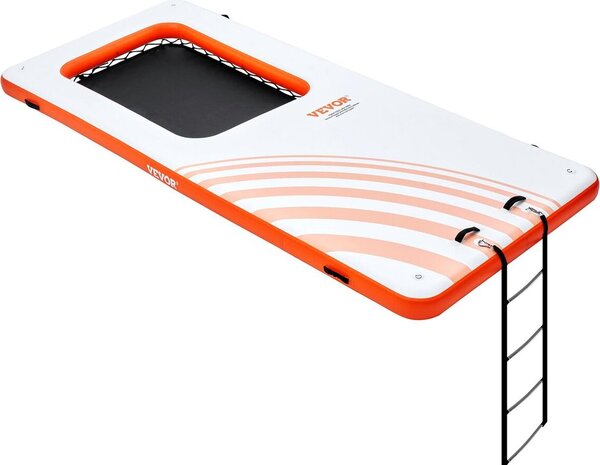 Pontile galleggiante gonfiabile, piattaforma gonfiabile 15x6,5 piedi con piscina in rete trampolino 4*6 piedi, tappetino galleggiante antiscivolo con borsa portatile e scaletta staccabile per il relax in piscina o in spiaggia