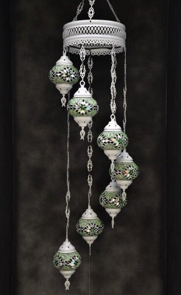 Lampada a sospensione in vetro mosaico verde, lampadario orientale fatto a mano con 7 sfere, bianco crema
