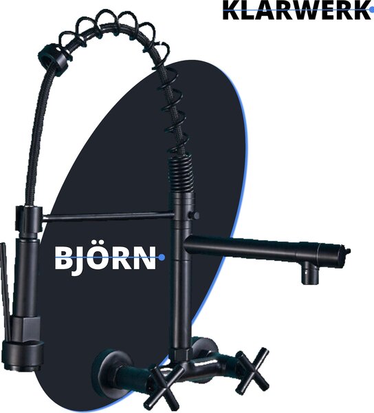 Bjorn | Rubinetteria da parete per ristorazione nero opaco | Rubinetto per cucina professionale in acciaio inox per due docce | Rubinetto per ristorante a parete per doppio lavello