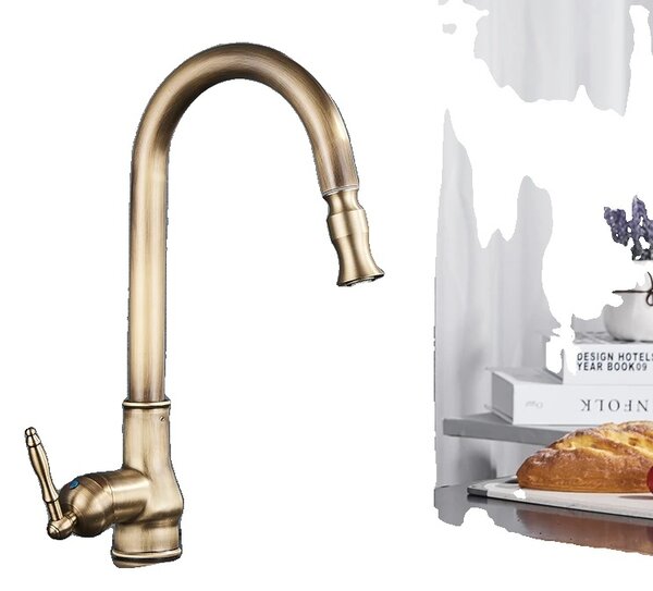 Rubinetto da cucina in ottone antico, bocca estraibile, comando a una mano, ottone antico
