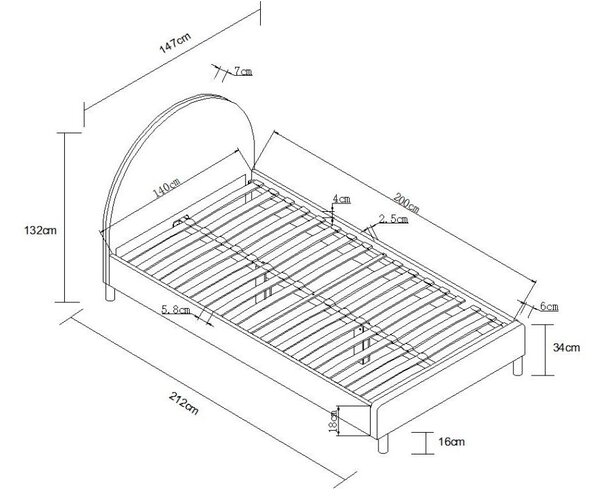 Letto singolo imbottito rosa con griglia 140x200 cm MOON - Vipack