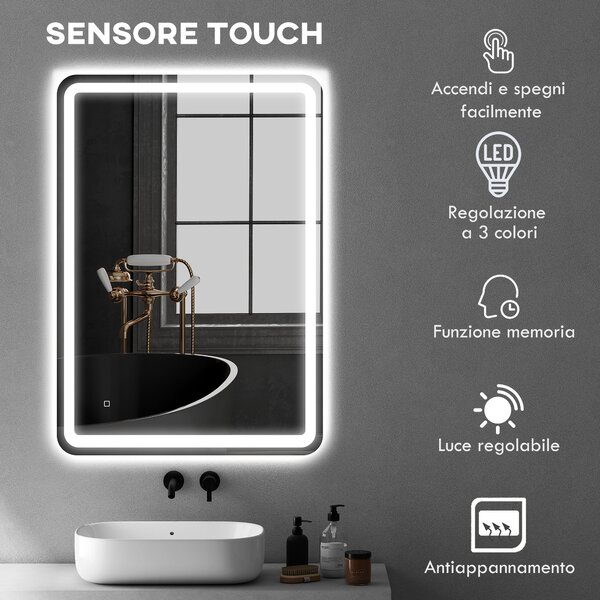 HOMCOM Specchio Bagno con Interruttore Touch, Luce LED a 3 Temperature e Antiappannamento, 70x100cm | Aosom Italy