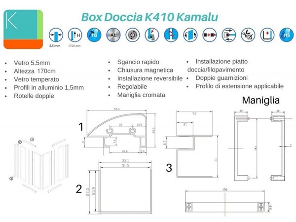 Box doccia 70x90 altezza 170cm trasparente K410 - KAMALU