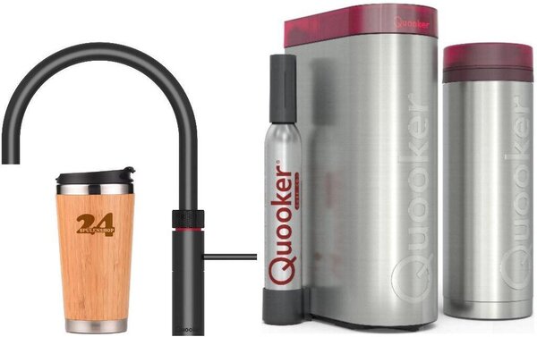 "QUOOKER FUSION ROUND beccuccio fisso nero VAQ PRO3 con CUBO 2 (3FRBLKCUBE)" Rubinetto per acqua bollente a 100°C con sistema di acqua potabile Incluso thermo mug