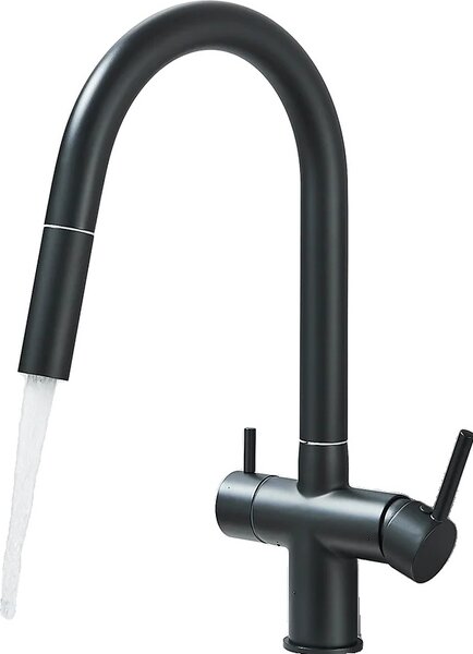 Miscelatore da cucina, doppio beccuccio estraibile, rubinetto girevole a 360° per acqua calda e fredda, design in acciaio inossidabile, nero opaco
