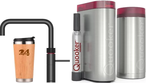 "QUOOKER FUSION SQUARE beccuccio fisso nero COMBI B con CUBE 2 (22FSBLKCUBE)" Rubinetto per acqua bollente a 100°C con sistema di acqua potabile Incluso thermo mug