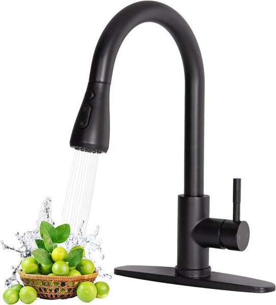 Rubinetto da cucina nero, leva singola, rubinetto da cucina nero con doccetta estraibile, acciaio inossidabile, adatto a lavelli a 1 o 3 fori, facile da installare, ideale per case di campagna, camper, bagni e bar