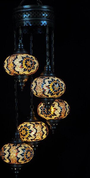 Lampada a sospensione in vetro dal design orientale con 5 sfere marroni a mosaico – Lampadari marocchini per un'illuminazione d'atmosfera