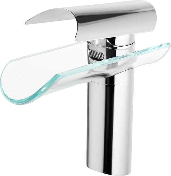 Rubinetto per lavabo, struttura in ottone, bocca a cascata, grigio chiaro