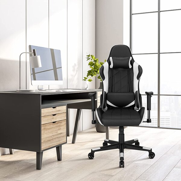 COSTWAY Sedia da gioco a 360, sedia girevole in stile racing con poggiatesta e cuscino lombare, angolo di inclinazione regolabile, sedia ergonomica per computer per gioco, casa, ufficio (bianco)