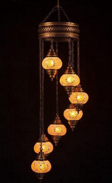 Lampada a sospensione turca Mosaico Lampada orientale marocchina Lampadario artigianale Arancione 7 sfere