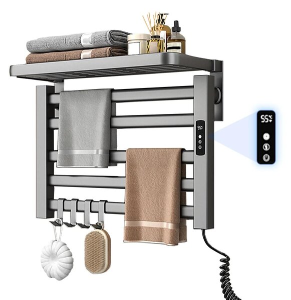 Scaldasalviette elettrico da bagno - Montaggio a parete senza forature con display - Temperatura regolabile da 30 a 70 °C - Timer da 1 a 24 ore - Resistenza rapida in fibra di carbonio - IPX4 - Grigio