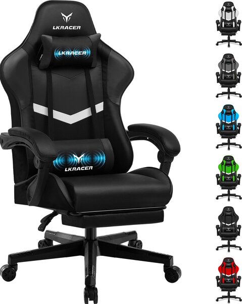 LUCKRACER sedia da gioco sedia da ufficio ergonomica con cuscino lombare cuscino poggiatesta, sedia da gioco regolabile in altezza capacità di carico 150 kg, poggiapiedi nero