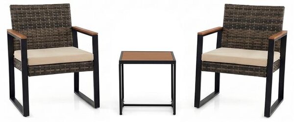 Set di mobili da balcone KOMFOTTEU in rattan sintetico PE, set da giardino composto da 3 pezzi con 2 sedie e un tavolino, set per balcone con cuscini rimovibili, capacità di carico di 150 kg, set di sedute per balcone, terrazza o giardino
