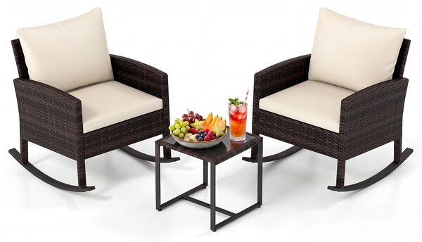 Set da giardino KOMFOTTEU, composto da 3 pezzi: 2 poltrone a dondolo in rattan con tavolino, set da salotto per esterni con struttura in metallo, cuscini imbottiti. Ideale per terrazzi, balconi, giardini e piscine