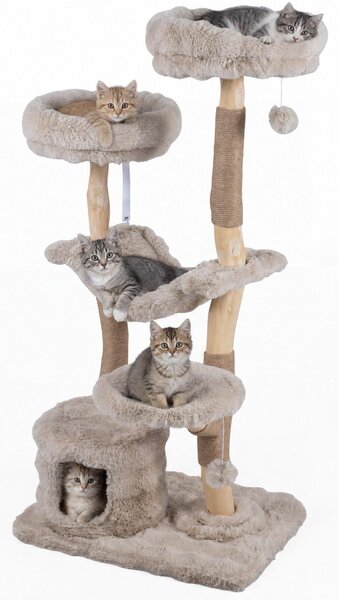 KOMFOTTEU, albero per gatti da 147 cm, con amaca, cuccia e 3 piattaforme. Tiragraffi per gatti in peluche e legno massello, struttura a più livelli con colonne per graffiare e 2 palline in peluche per gatti