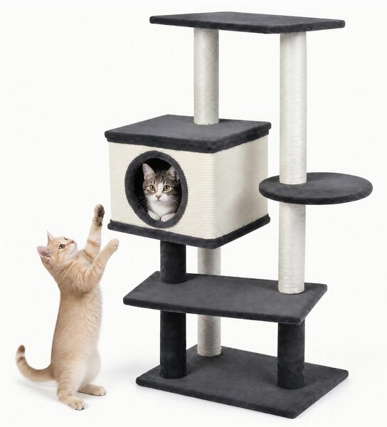 Albero per gatti KOMFOTTEU, altezza 99 cm, con cuccia, pannello in sisal per graffiare e pali per graffiare