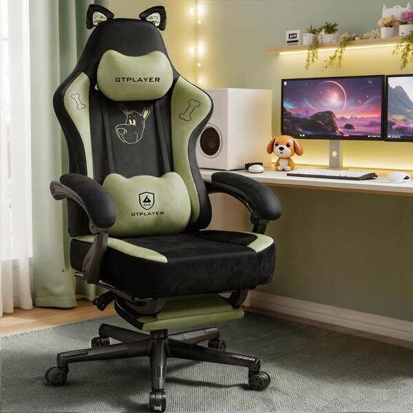 GTPLAYER Simpatica sedia da gioco con tessuto in velluto, sedia da gioco, sedia da ufficio ergonomica sedia da gioco con orecchie di gatto, memory foam e poggiapiedi, 150kg