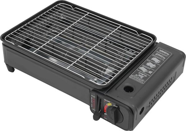 Barbecue a gas da campeggio - Barbecue da tavolo - Potenza 2,2 kW - Bruciatori a doppia fila - Cartuccia di butano 220/250 g e bombola GPL - Consumo 160 g/h - Griglia - 42×26×11 cm - Nero