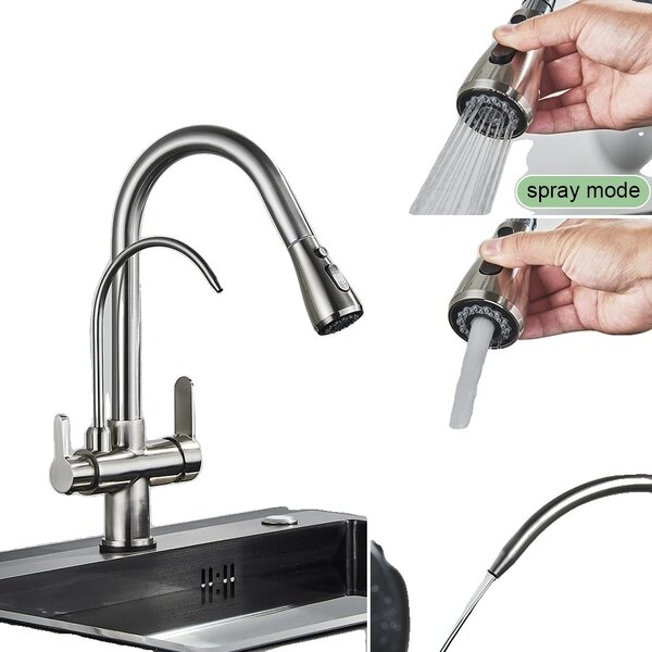 Rubinetto da cucina antico, design estraibile, doppia maniglia, nichel spazzolato
