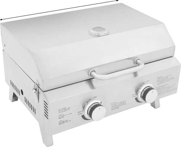 Grill a gas, design portatile, 2 bruciatori, argento