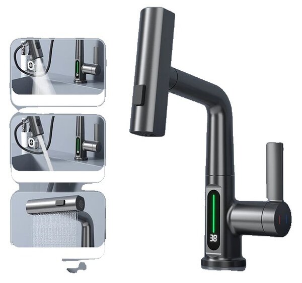 Rubinetto da lavabo, design estraibile, display della temperatura, grigio canna di fucile