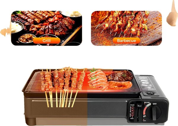 Barbecue a gas, compatibilità con il doppio combustibile, fiamma regolabile, borsa portatile inclusa, design leggero, materiali di alta qualità