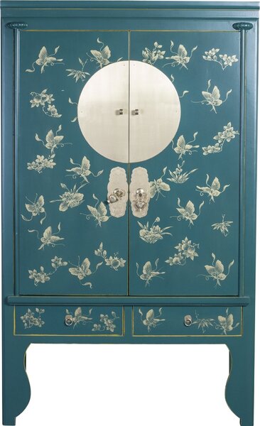 Fine Asianliving Armadio da matrimonio cinese dipinto a mano Farfalle verde acqua - Collezione Orientique W100xD55xH175cm Armadio cinese Armadio da matrimonio cinese Mobili orientali Asiatici