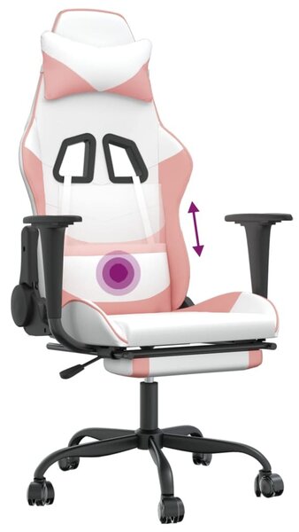 Sedia da gaming vidaXL con funzione massaggio e poggiapiedi, in ecopelle bianca e rosa