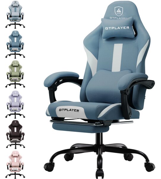 GTPLAYER Sedia da gioco Poltrona da gioco ergonomica Sedia da scrivania con superficie in tessuto Sedia da ufficio traspirante Cuscino a molla con poggiapiedi Blu