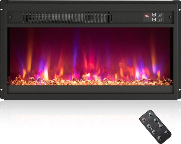 Caminetto elettrico COSTWAY 1500W con riscaldamento, termostato 17-32℃ Caminetto da incasso a parete con telecomando, timer, effetto fiamma 3D regolabile 60,7x11,7x34cm