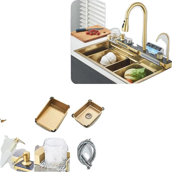 Lavello da cucina, rubinetto integrato, bocca estraibile, oro spazzolato 75x45 Z