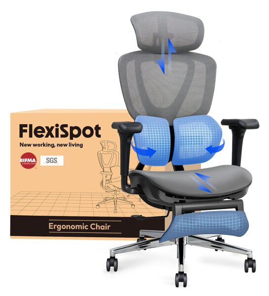 FLEXISPOT Sentinel: sedia da ufficio ergonomica con supporto lombare Dual-Wing, poggiatesta e braccioli 3D, poggiapiedi e profondità della seduta regolabile (grigio)