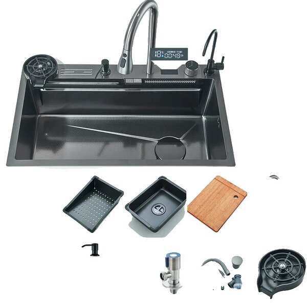 Lavello in acciaio inox, grande capacità, rubinetto multifunzione a cascata, display digitale , 75X45 D2Y75X45 D2Y