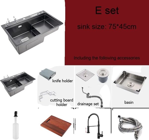 Lavello da cucina, Rubinetto estraibile, Acciaio inox resistente, 75x45cm C