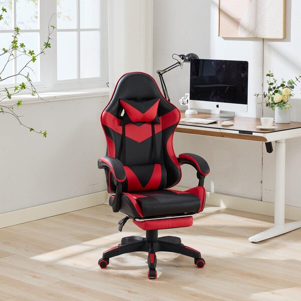 Sedia da gioco dal design racing, funzione reclinabile a 155°, poggiapiedi, massaggio lombare, nero+rosso