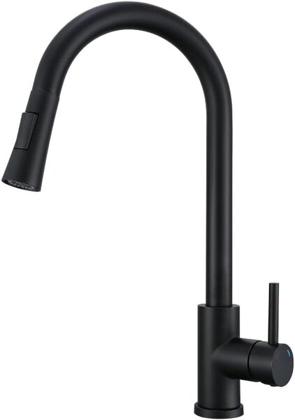 Rubinetto da cucina VBChome nero con bocca estraibile, girevole a 360°, con pulsante per selezionare i tipi di getto – rubinetto moderno per lavello