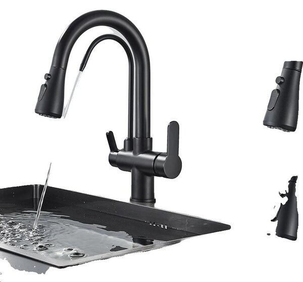 Rubinetto da cucina, bocca estraibile, doppia maniglia, nero opaco